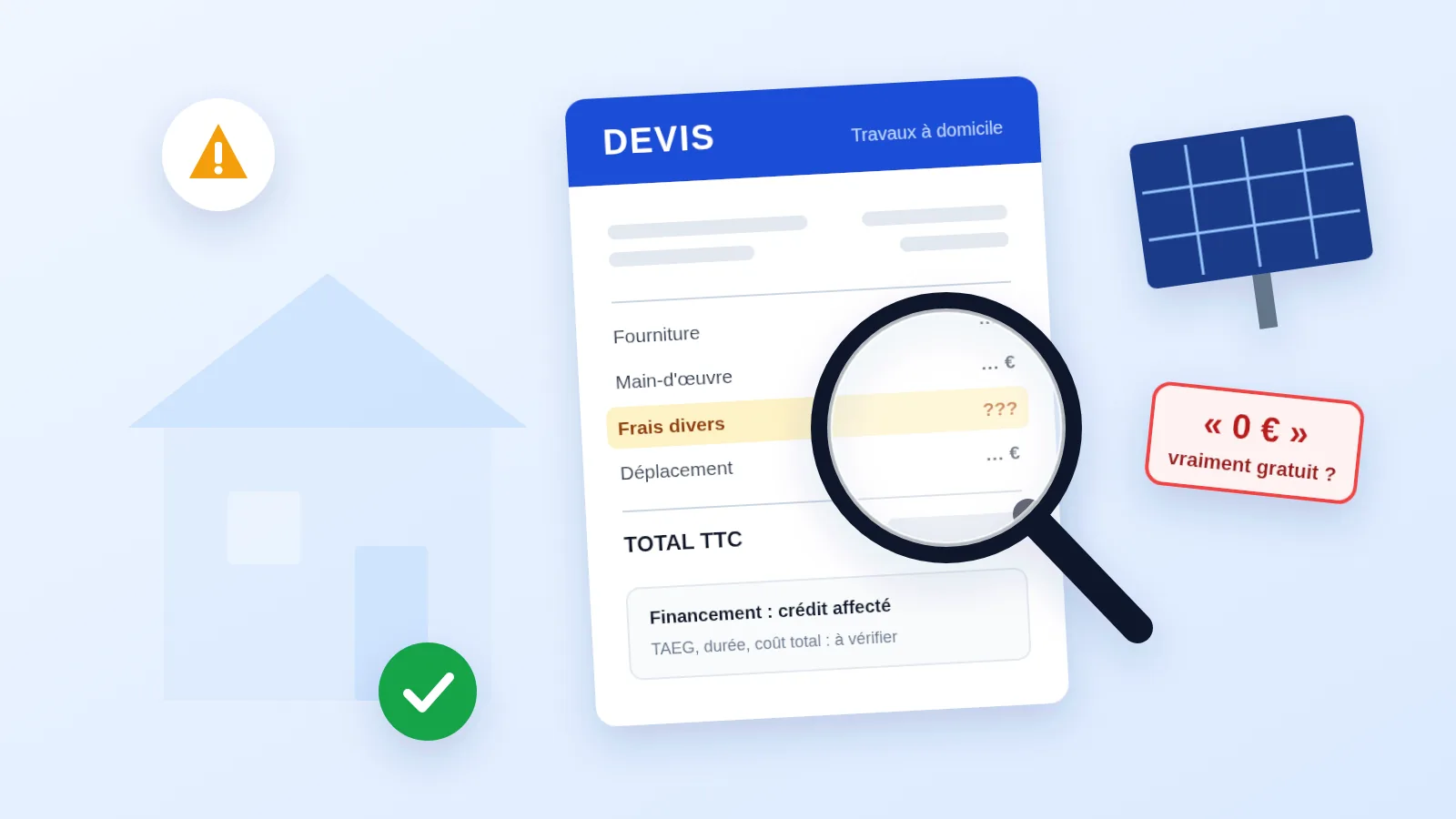 Devis de travaux examiné à la loupe face à une offre de panneaux solaires à « 0 € »