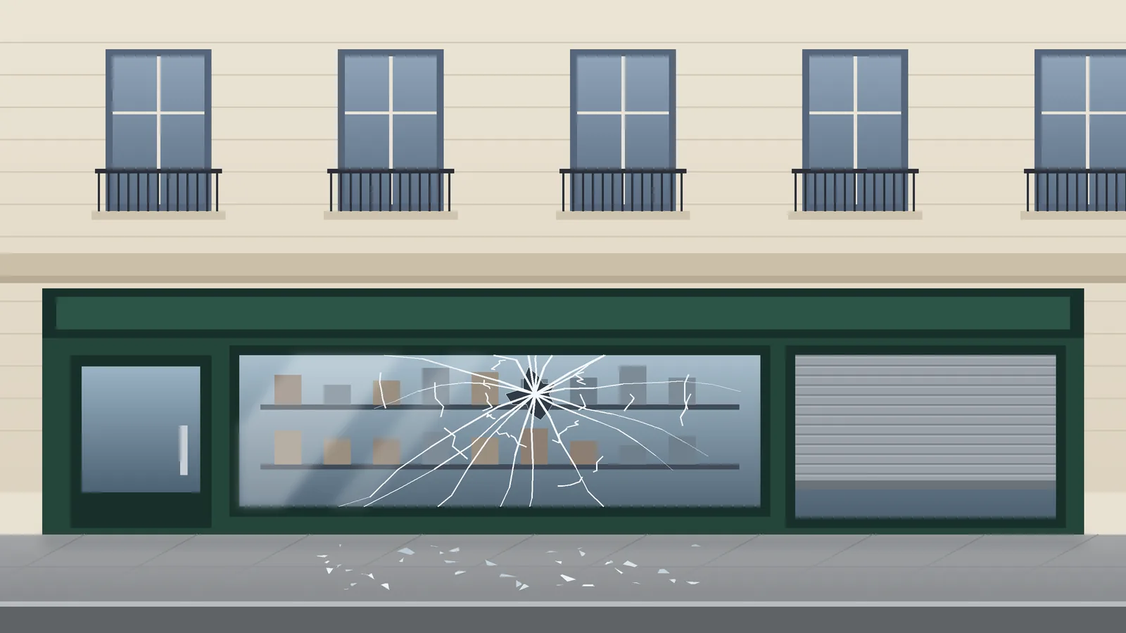 Illustration d'une devanture de commerce avec une vitrine fissurée et des éclats de verre sur le trottoir